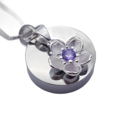 Ascheschmuck Medaillon mit 925 Sterling Silber Blume mit violettem Kristall.