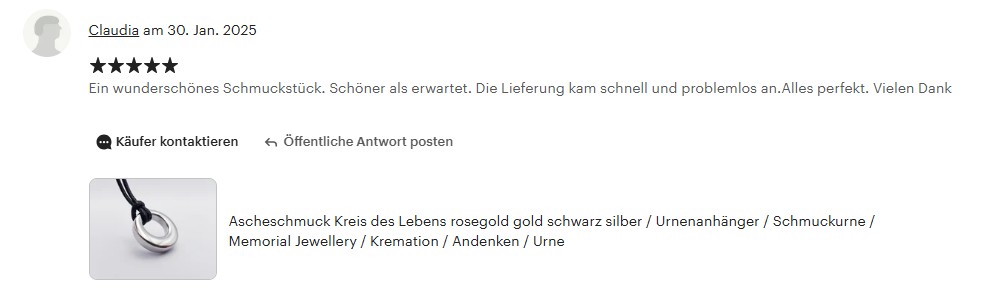 Fünf Sterne Rezension Ascheschmuck