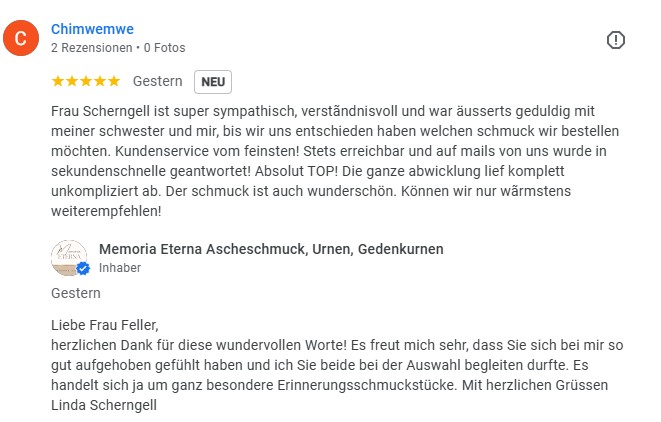 5 Sterne Bewertung Memoria Eterna Ascheschmuck, Google Rezension