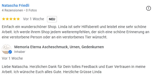 Fünf Sterne Bewertung google Memoria Eterna Schmuckurnen