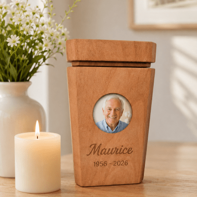 Kleine Urne Holz mit Foto und Gravur, Erinnerungsurne, Mini Urne mit Foto, Gedenkurne Foto