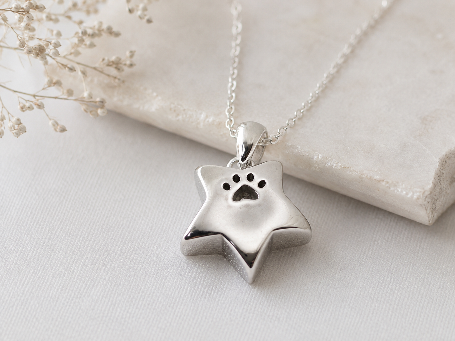 Asche Anhänger Stern mit Pfote, Erinnerungsschmuck Hund Katze, Gedenkschmuck